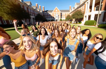 Sorority new members running toward their chapter sisters during a bid day tradition on a college campus.
