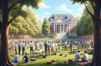 College fraternity members working together at an outdoor campus community service event on a sunny day.