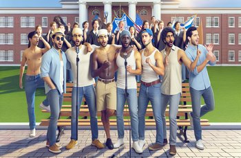 Fraternity members in coordinated costumes rehearsing a group performance for a Greek Sing competition on a college campus.