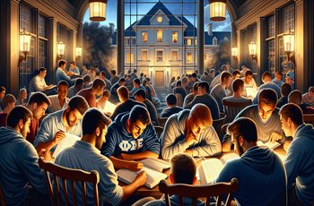 Fraternity brothers studying together at a table covered with notebooks and laptops inside a chapter house.