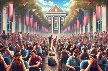 Young women in matching recruitment outfits standing outside a sorority house during formal rush week on a college campus.