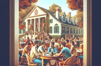 Students gathered outside a fraternity house on a small college campus during recruitment weekend