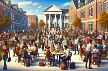 Students gathered on a small college campus at a Greek organization founding event, representing Latin sorority Lambda Theta Alpha.