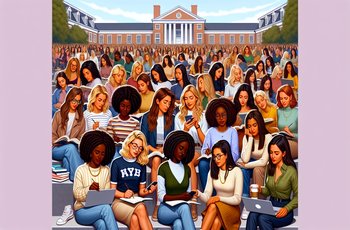 Two sorority women sitting together at a table studying with laptops and notebooks open in a college library.