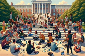 A Panhellenic council meeting room with empty chairs and a long table covered in binders and printed documents.