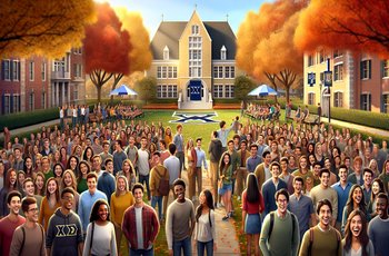 Students gathered on a university campus quad, representing the start of a new Greek life program at Xavier University.