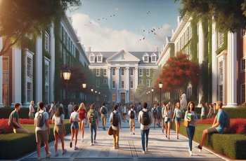 College students walking past Greek life houses on a university campus on a sunny afternoon.
